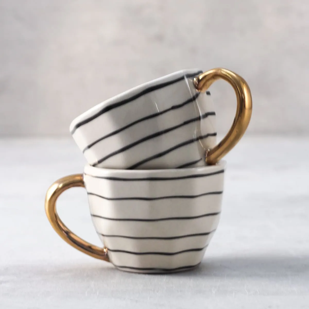 Home Artisan Esmee Striped Handmade Ceramic Cup with Golden Handle - Set of 2