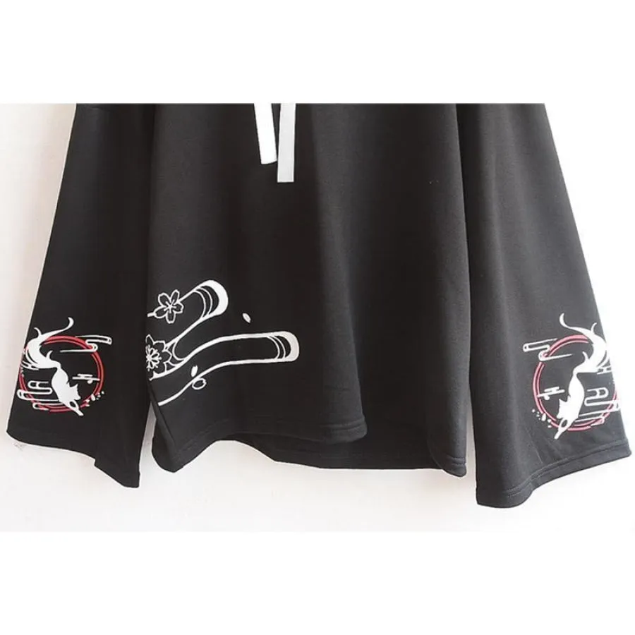 Inari Fox Sakura Print Loose Sleeve Laced-Up Hoodie J40027